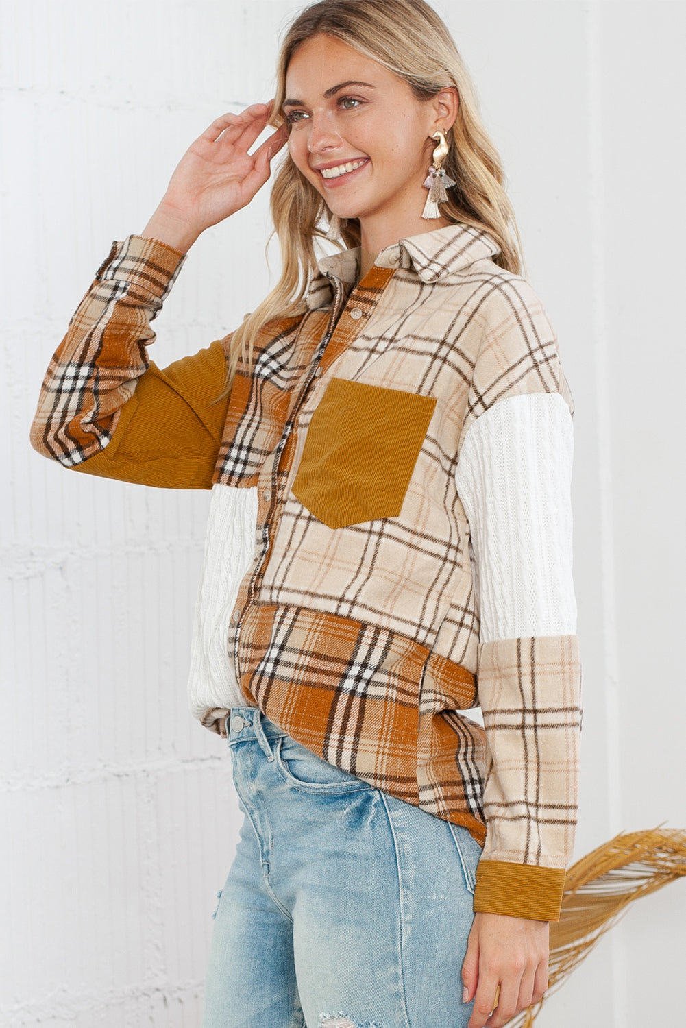 Orange Plaid Color Block Patchwork Pocket Shirt Shacket Jackets 0068e2a9a3feddca