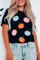 Black Chenille Pumpkin Patch Application Playful Halloween T Shirt Graphic Tees 0072aa2ddebd3b7d