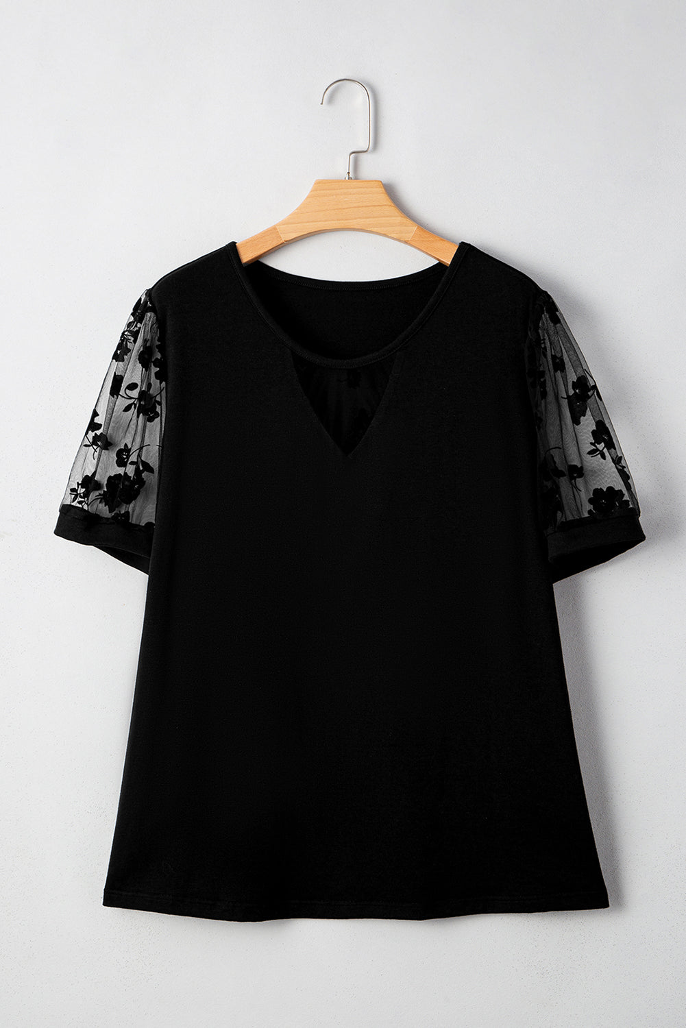Black Plus Size Floral Mesh Patchwork Loose V Neck T Shirt Plus Size Tops 008746524cc745d8