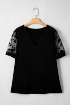 Black Plus Size Floral Mesh Patchwork Loose V Neck T Shirt Plus Size Tops 008746524cc745d8