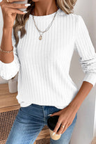 White Ribbed Texture Round Neck Long Sleeve Rounded Hem Top Long Sleeve Tops 0095caeaa5b6f9a2