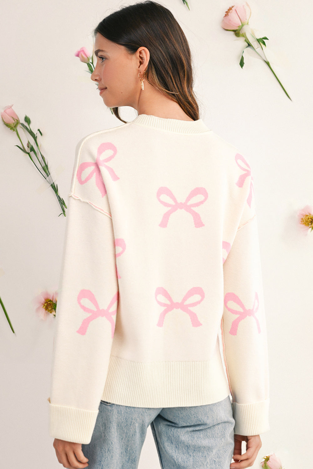 Pink Bow Print Exposed Seam Drop Sleeve Sweater Sweaters 009a8d2f46b5d981