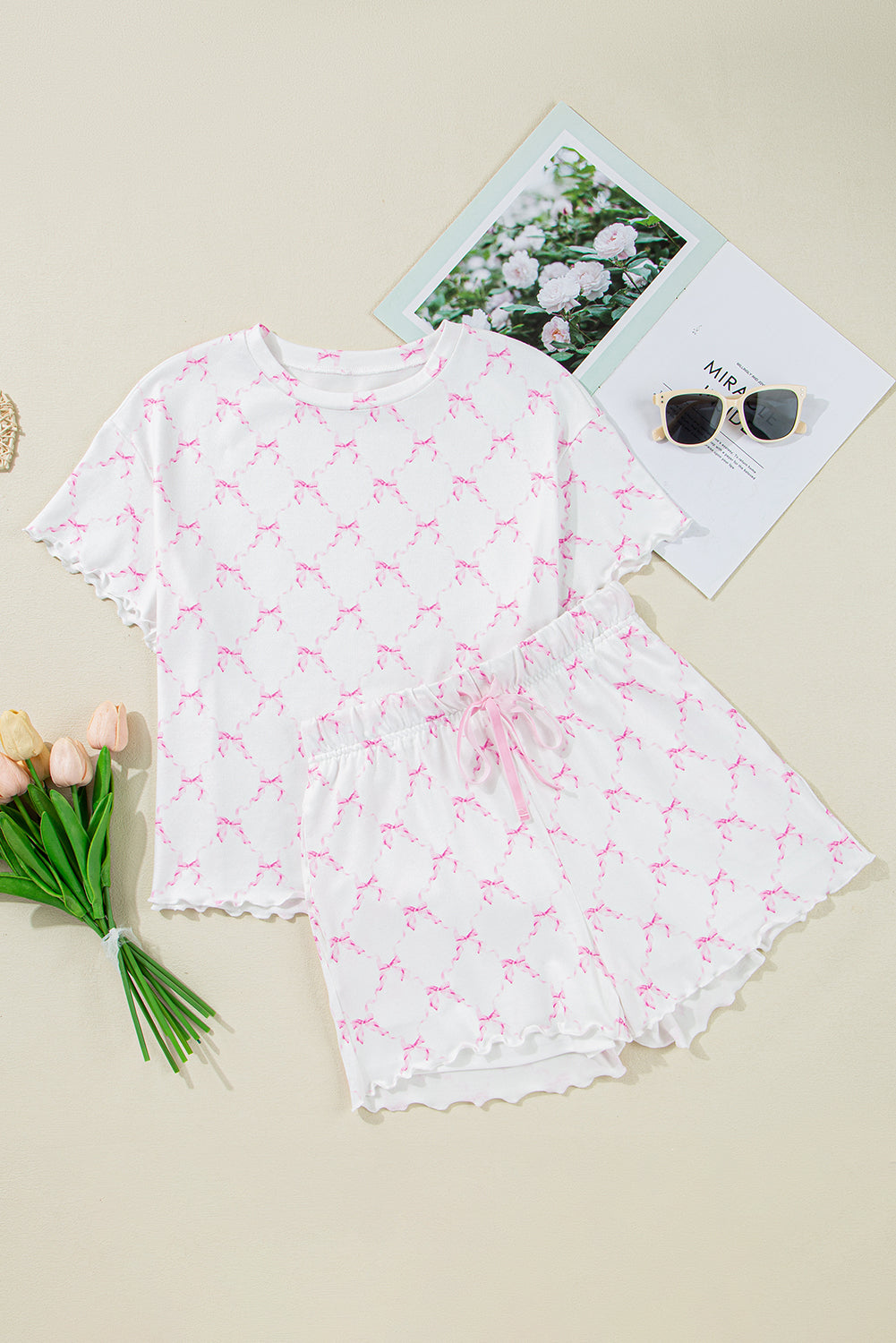 Pink Bowknot Print Lettuce Trim Two Piece Pajama Set Loungewear Set 00b5dde151671718