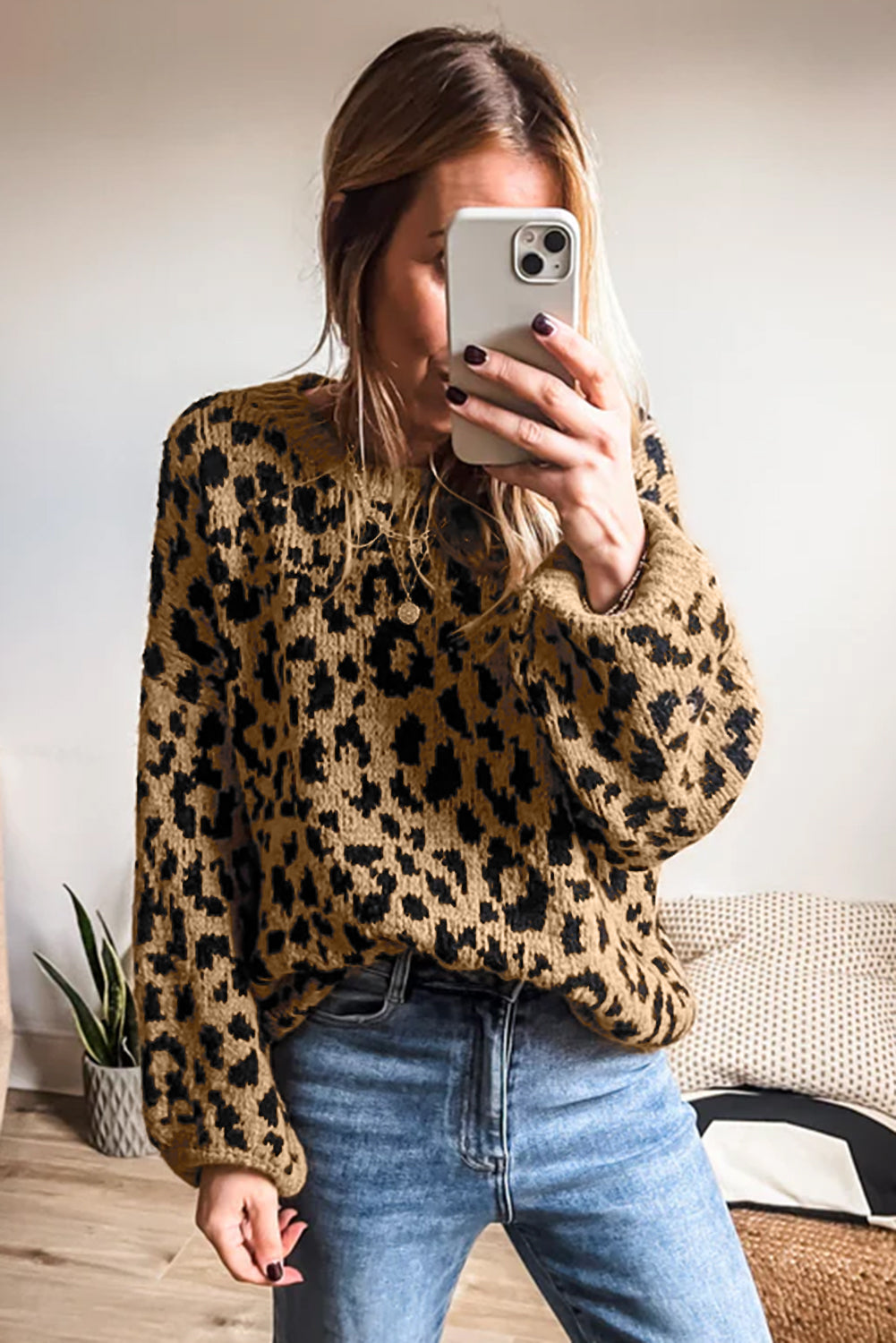 Light French Beige Leopard Round Neck Long Sleeve Sweater Sweaters 00c041f91a4bfd0e