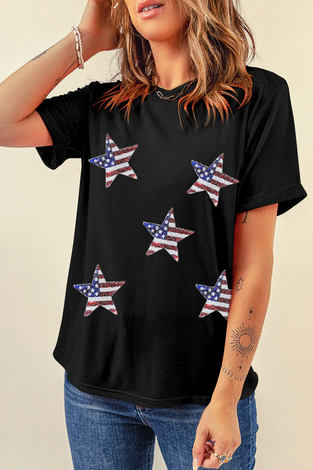 Black Sequined American Flag Star Graphic T Shirt Graphic Tees 00e36b9829875c00