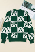 Blackish Green Bow Print Checkered Knit Sweater Sweaters 010a7fbdd9b8b2c8