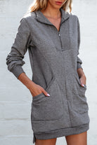 Dark Grey Zip up Collared Ribbed Patchwork Sweatshirt Dress with Pockets Mini Dresses 0120dce761370409