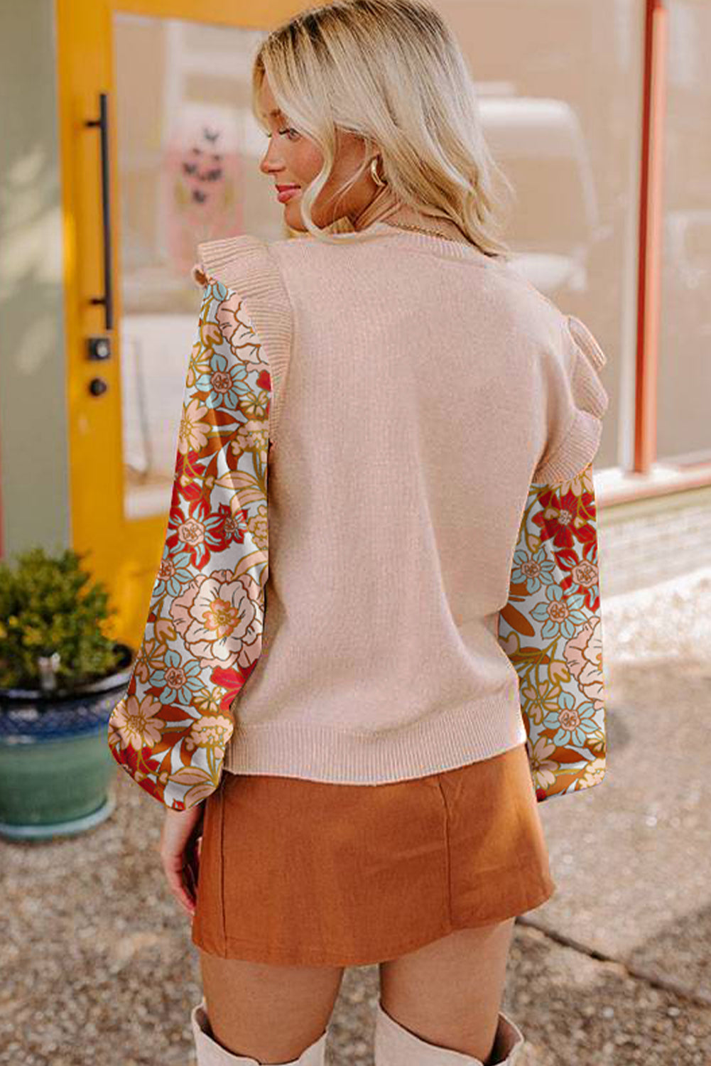 Parchment Cable Knit Ruffle Detail Contrast Floral Sleeve Patchwork Sweater Sweaters 01589477a69f1373