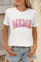White MAMA Leopard Embroidered Crew Neck Graphic Tee Graphic Tees 017a688c198b10a7