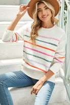 Black Colorful Striped Ribbed Trim Round Neck Sweater Sweaters 017ccdf0fc6e8d89