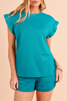 Skobeloff Textured Ruffle Split Top and Drawstring Shorts Set Two Piece Shorts Sets 01f62e60c41c443d