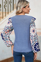 Ashleigh Blue Ruffle Floral Sleeve Patchwork Waffle Top Long Sleeve Tops 020bd3adfd1b133a