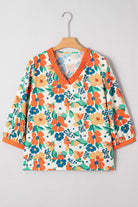 Orange Frilled V Neck Floral Print Bracelet Sleeve Blouse Blouses 020c7d04a4a29d9a