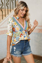 Multicolour Half Sleeve Boho Floral Pop of Color Neckline Blouse Blouses 022019747eb35320