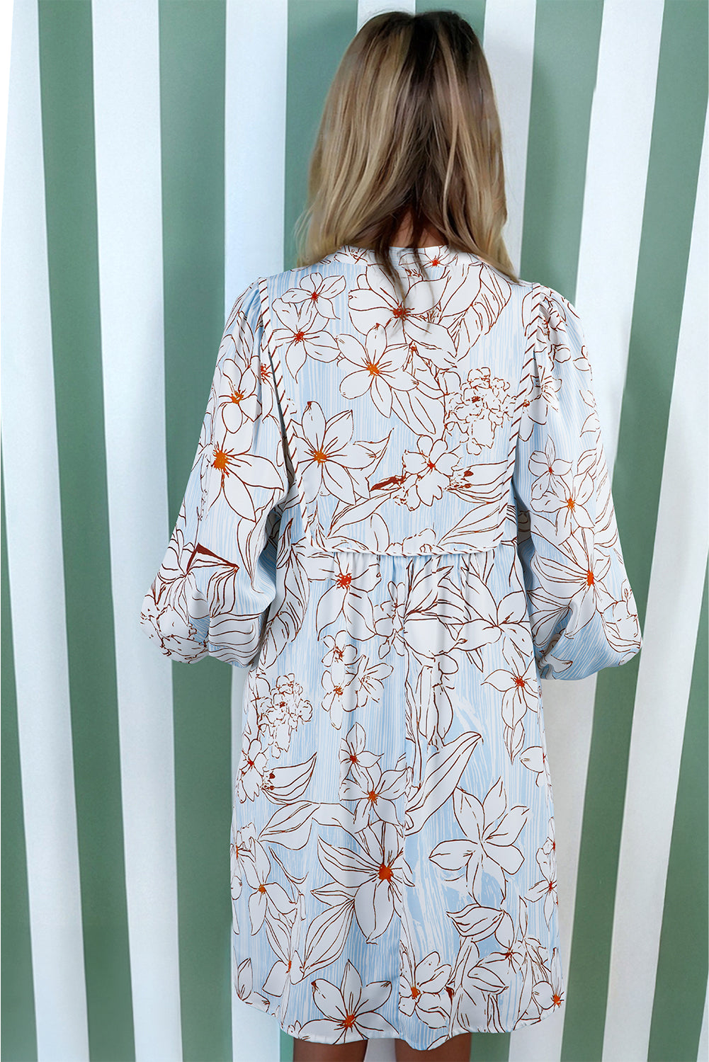 Brown Floral Print Tie Neck Long Sleeve Mini Dress Short Dresses 023559eda025dfb9