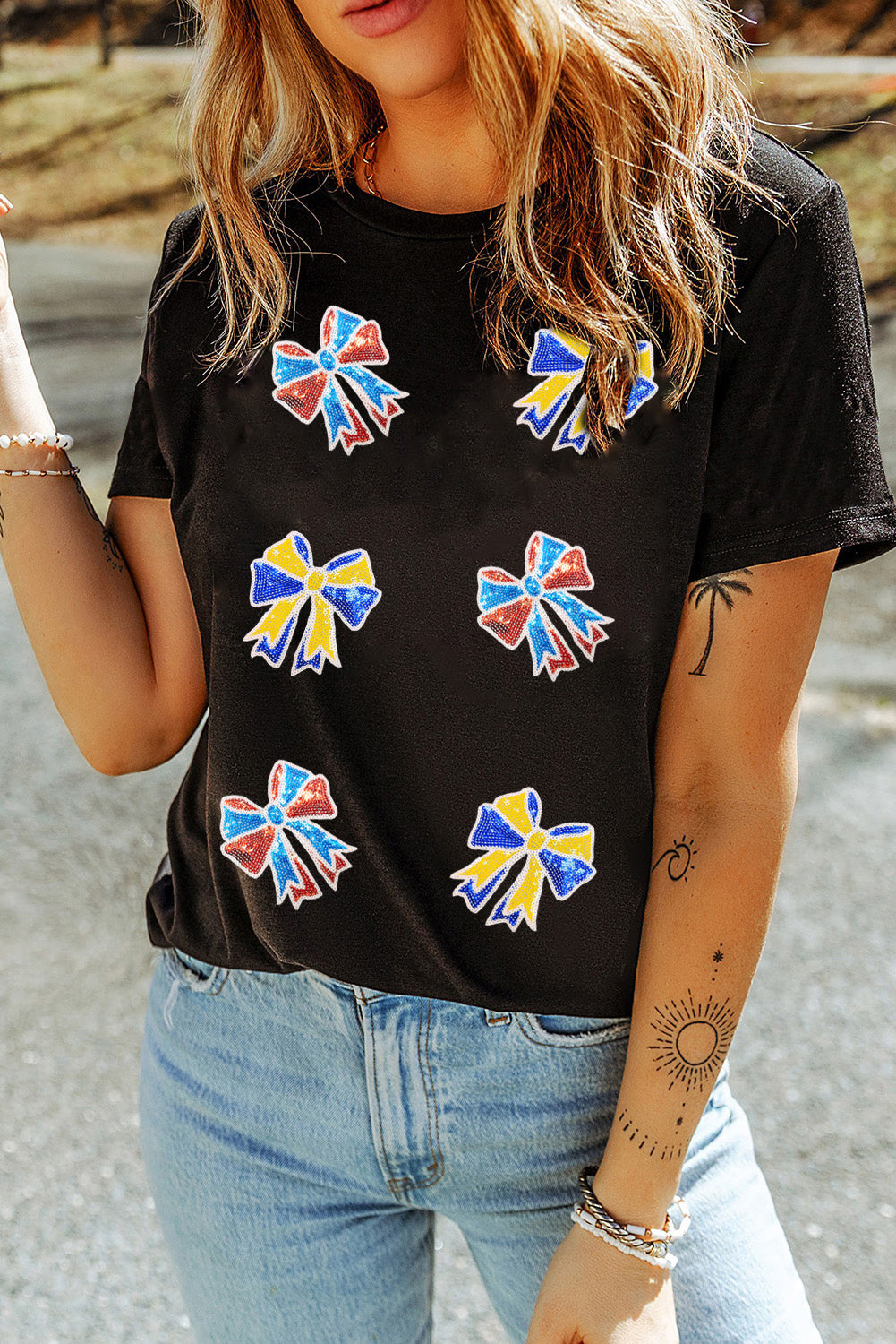 Black Cheerful Sequin Bow Patched Game Day T Shirt Graphic Tees 02369751af691757