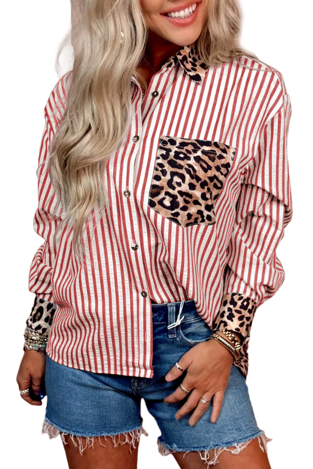 Racing Red Leopard and Striped Patchwork Button Shirt T Shirts 023811dd8510ac96