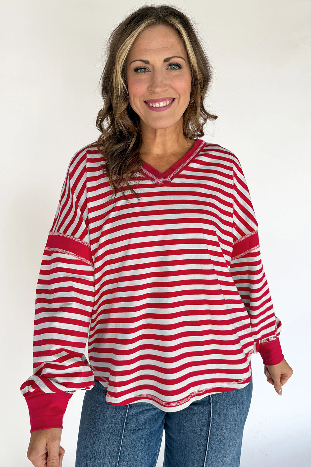 Red Striped Balloon Sleeve V Neck Blouse Long Sleeve Tops 0249e2ccae5e83bb