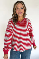 Red Striped Balloon Sleeve V Neck Blouse Long Sleeve Tops 0249e2ccae5e83bb