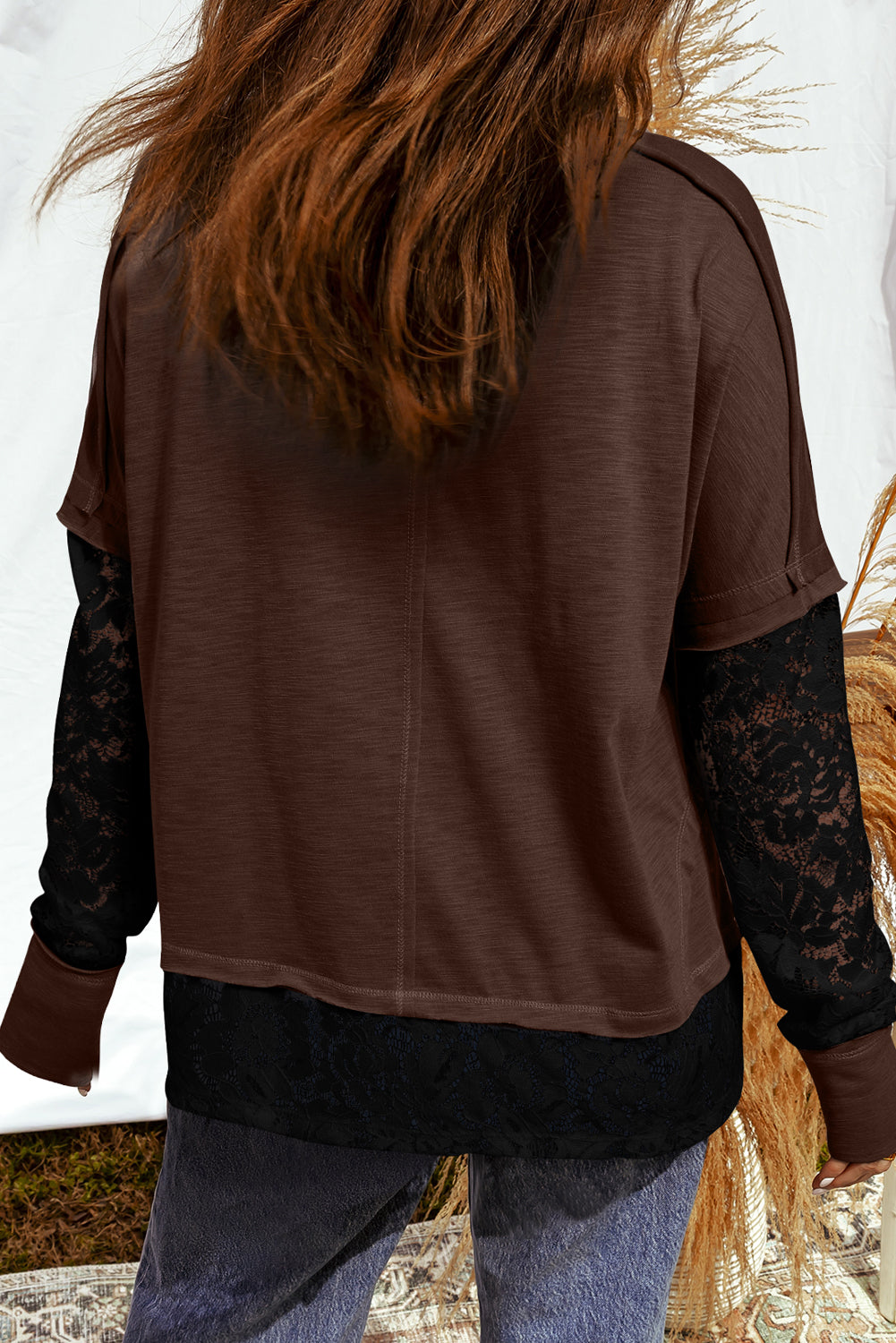 Light French Beige Sheer Lace Patchwork Casual Long Sleeve Tee Long Sleeve Tops 024aa90979966818
