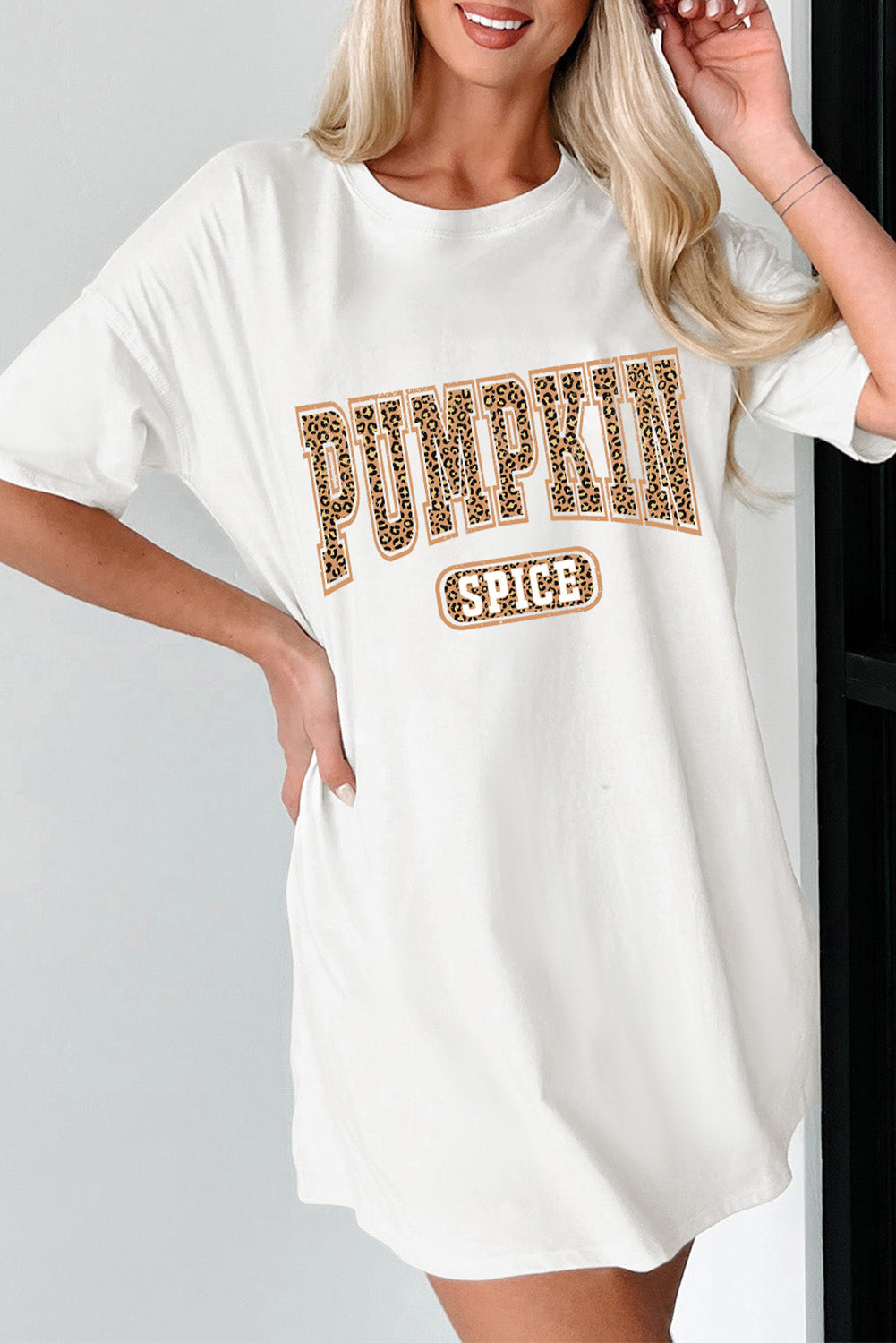 White PUMPKIN SPICE Leopard Heat Transfer Printing Graphic Tunic T Shirt Graphic Tees 0256577596eff805