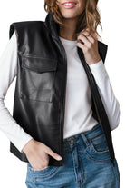 Black Double Flap Pocket Faux Leather Zip Up Stand Neck Vest Jackets 0260f7e38a89055e