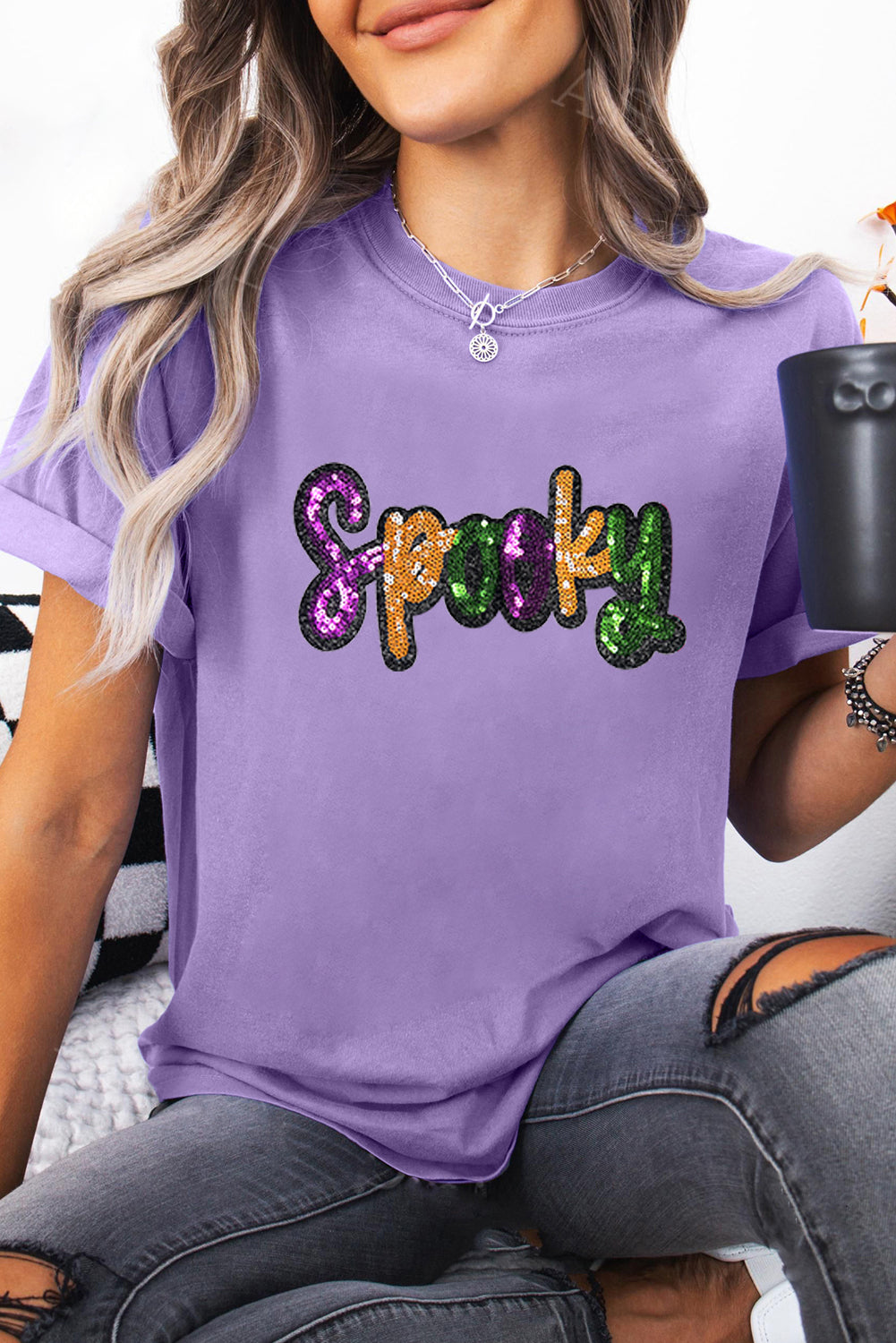 Wisteria Spooky Sequin Letter Patched Cotton Blend T Shirt Graphic Tees 026550760832918a