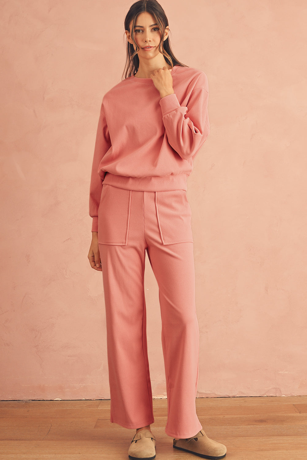 Blossom Ribbed Drop Shoulder Sweatshirt Pocketed Pants Set Two Piece Pants Sets 0286674b69fc31d8