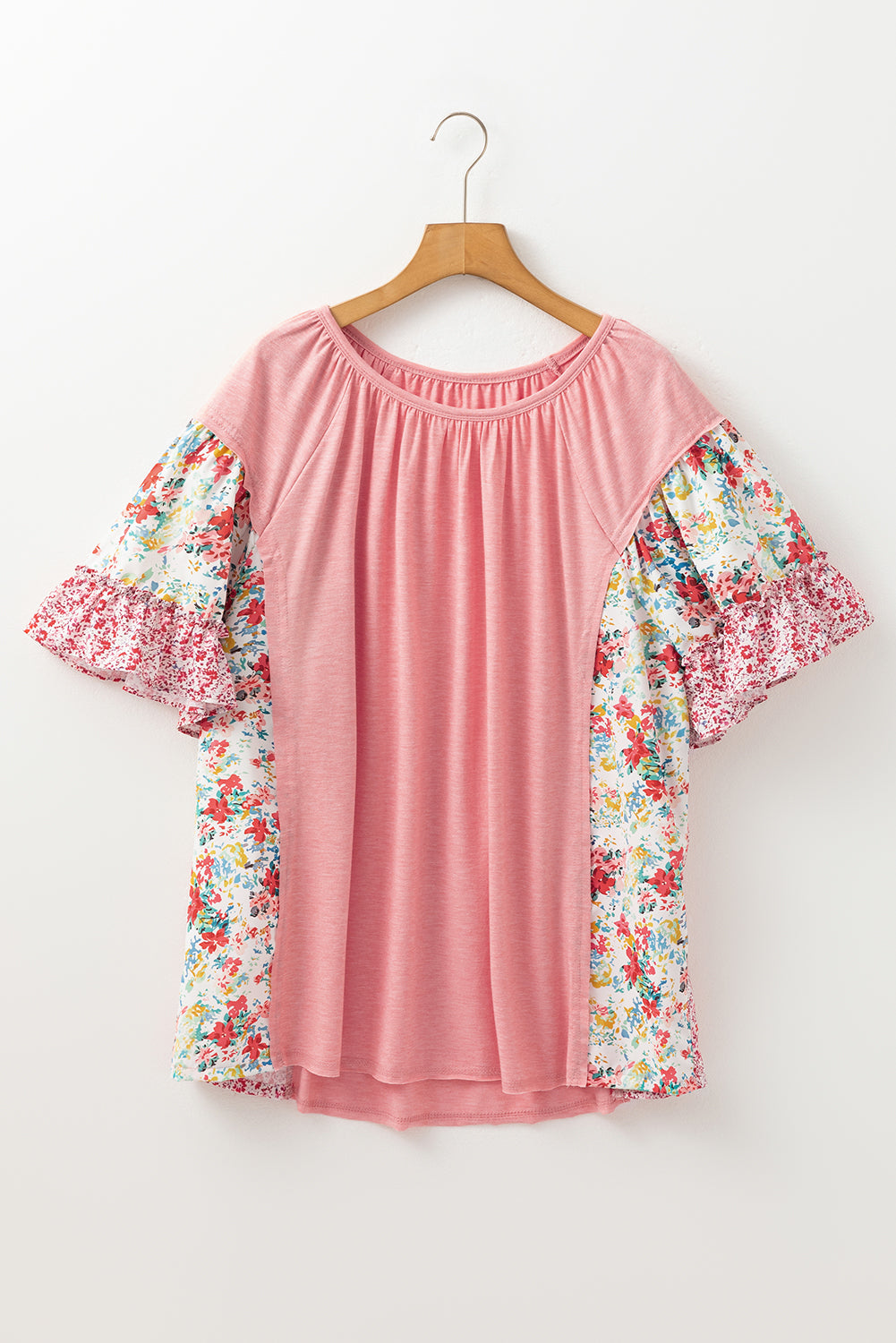 Pink Plus Size Floral Patchwork Ruffle Short Sleeve Blouse Plus Size Tops 028c90254d902a69