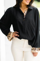 Black Leopard Contrast V Neck Long Sleeve Blouse Blouses 0298843ff3118e24