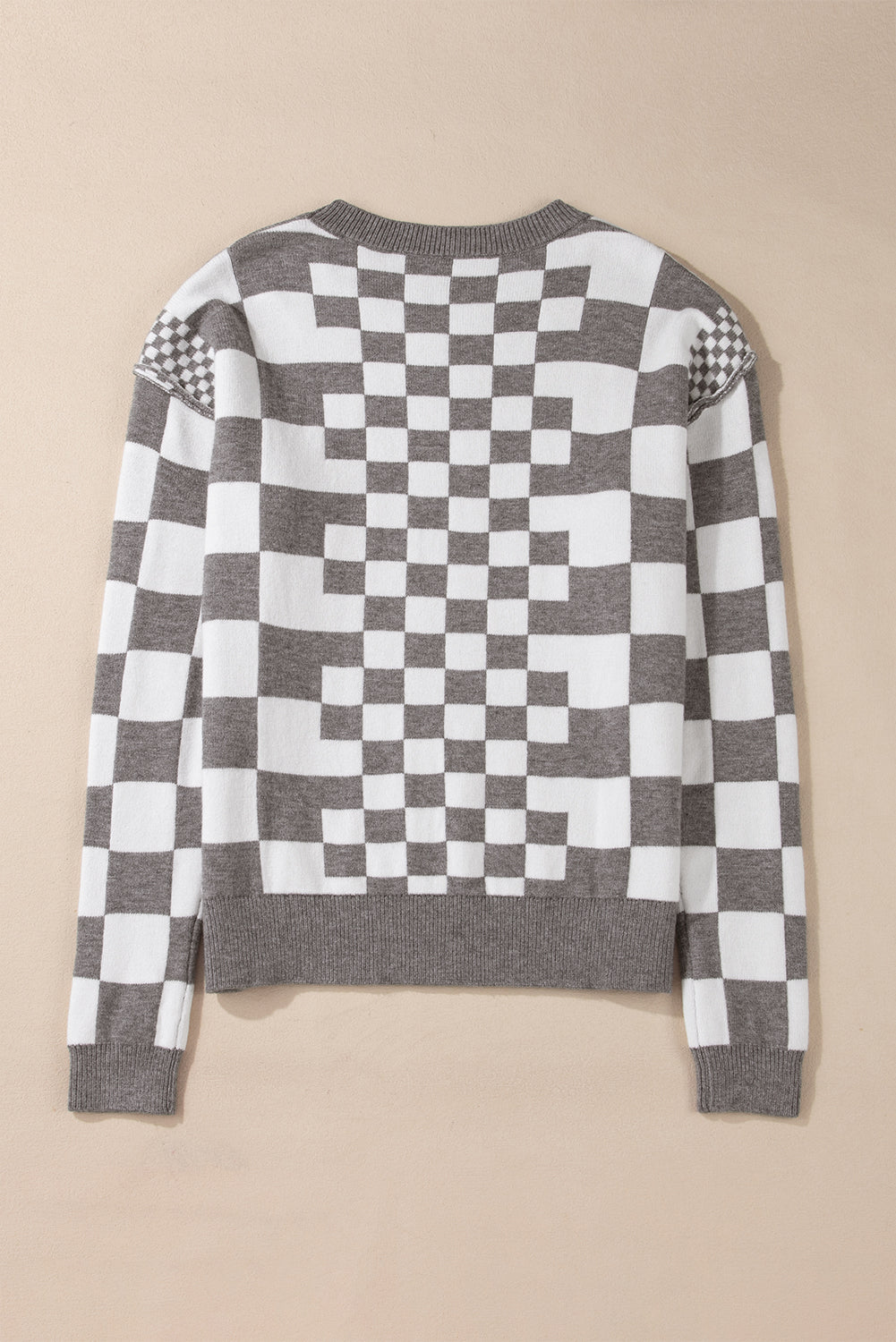 Gray Checkered Drop Shoulder Round Neck Sweater Sweaters 02a514693e9fbf1b