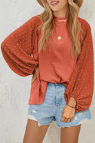 Russet Orange Swiss Dot Balloon Sleeve Patchwork Crinkle Blouse Blouses 02e4383618c0f0b4