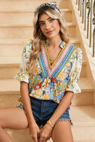 Multicolour Half Sleeve Boho Floral Pop of Color Neckline Blouse Blouses 02fa823f5900bcff