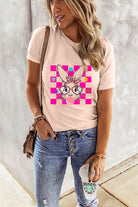 Pink Easter Rabbit Checkered Flower Graphic O Neck T Shirt Graphic Tees 02fd0a98970dfc97