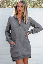 Dark Grey Zip up Collared Ribbed Patchwork Sweatshirt Dress with Pockets Mini Dresses 031c681265c0c71d