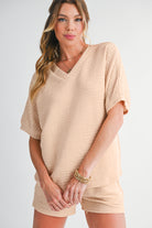 Pink Textured V Neck T Shirt and Shorts Set Two Piece Shorts Sets 03449c0fe7a4e4f2