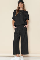 Red Dahlia Textured Loose Fit T Shirt & Drawstring Pants Set Two Piece Pants Sets 0362dd097d293c45