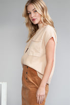 Oatmeal Patch Pocket Ribbed Knit Short Sleeve Sweater Knit Tops 036f81b42837af71