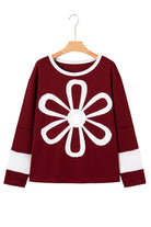Red Dahlia Cheerful Daisy Flower Patched Round Neck Long Sleeve Top Long Sleeve Tops 0381bfb4ad5bac6c