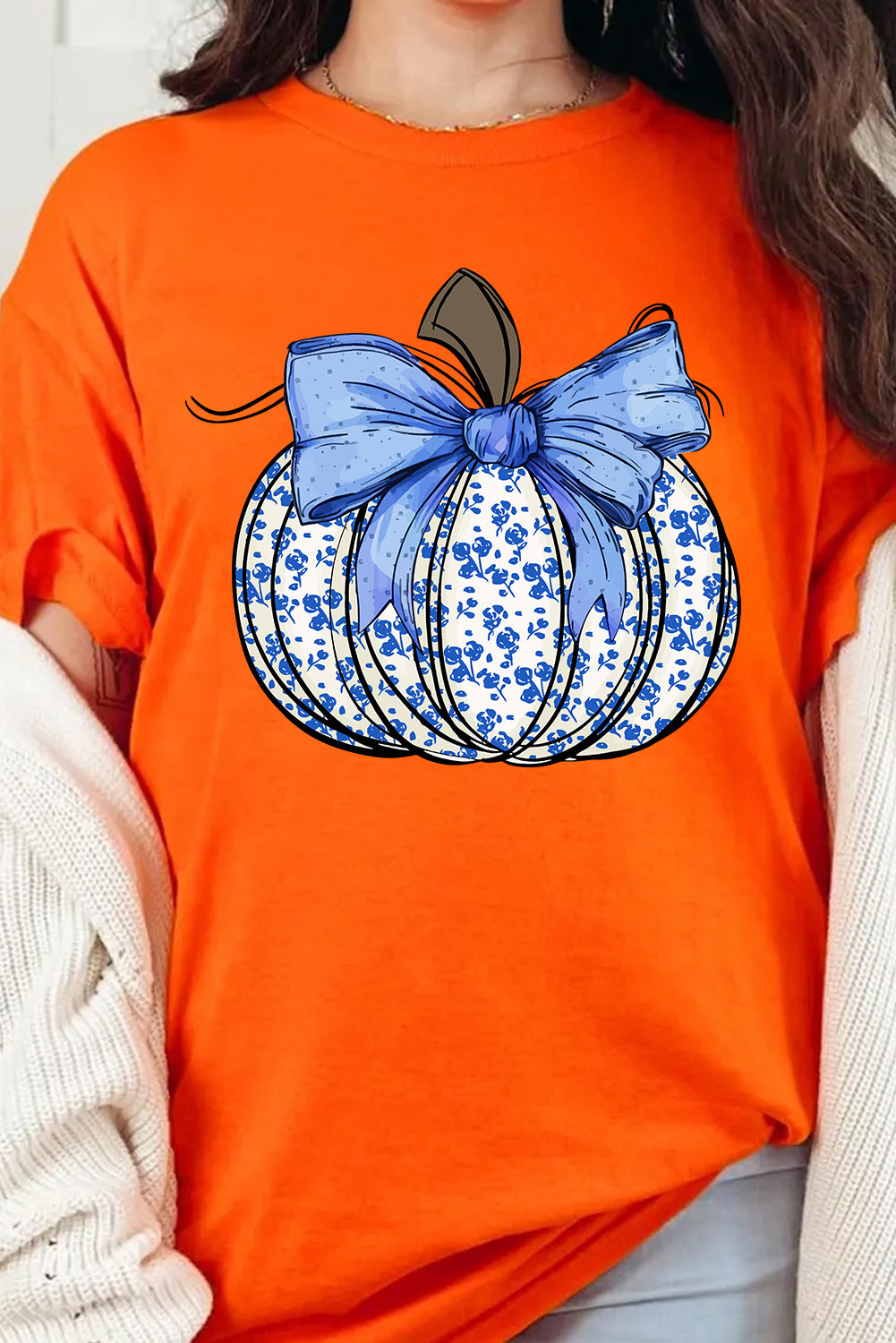Orange Floral Pumpkin Bow Heat Transfer Printing Thanksgiving T Shirt Graphic Tees 03894a99de8ed699