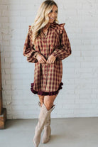 Red Plaid Print Ruffled Long Sleeve Patchwork Hem Mini Shirt Dress Short Dresses 03c8ebcc0c53bd09