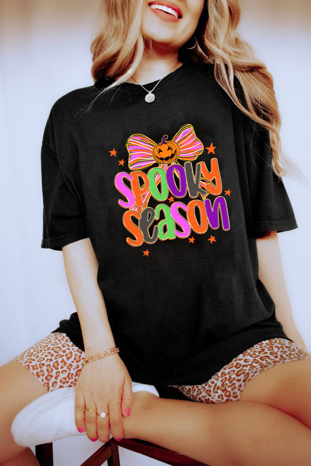 Black SPOOKY SEASON Halloween Pumpkin Bow Heat Transfer Printing T Shirt Graphic Tees 03d13ad9370ea6bd