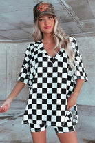 Black Checkered Print V Neck Pocketed Pajama Set Loungewear Set 041c117012aa1f45