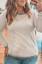 Parchment Ribbed Contrast Leopard Edge Round Neck Plus Size Top Plus Size Tops 041d8d2994687092