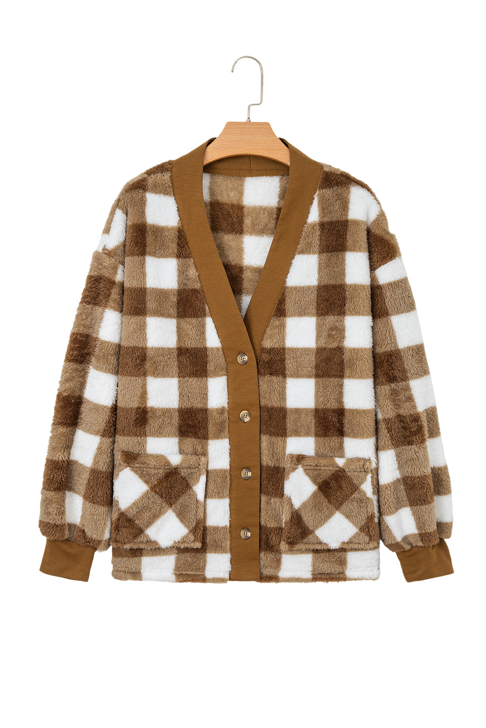 Brown Checkered Sherpa Loose Knit Cardigan with Pockets Cardigans 04321a9f819e00e1
