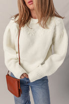 White Flower Detail Round Neck Contrast Textured Puff Sleeve Sweater Sweaters 0448e5e550fef316