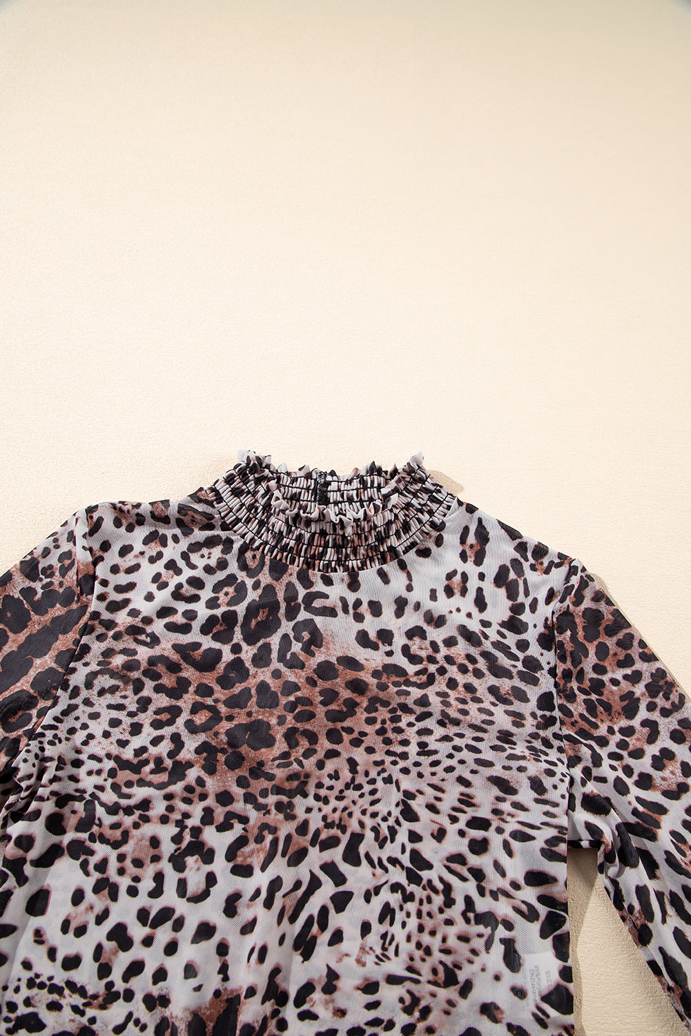 Brown Allover Leopard Print Smocked Neck Mesh Bodysuit Bodysuit 046a5e1f25619ef8