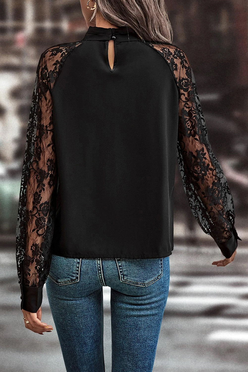 Black Keyhole Neckline Lace Splicing Raglan Sleeve Blouse Blouses 046bca2efe540113