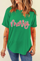 Bright Green merry Letter Sequins Patch Cotton Blend Tee Graphic Tees 047a7acc295284f5