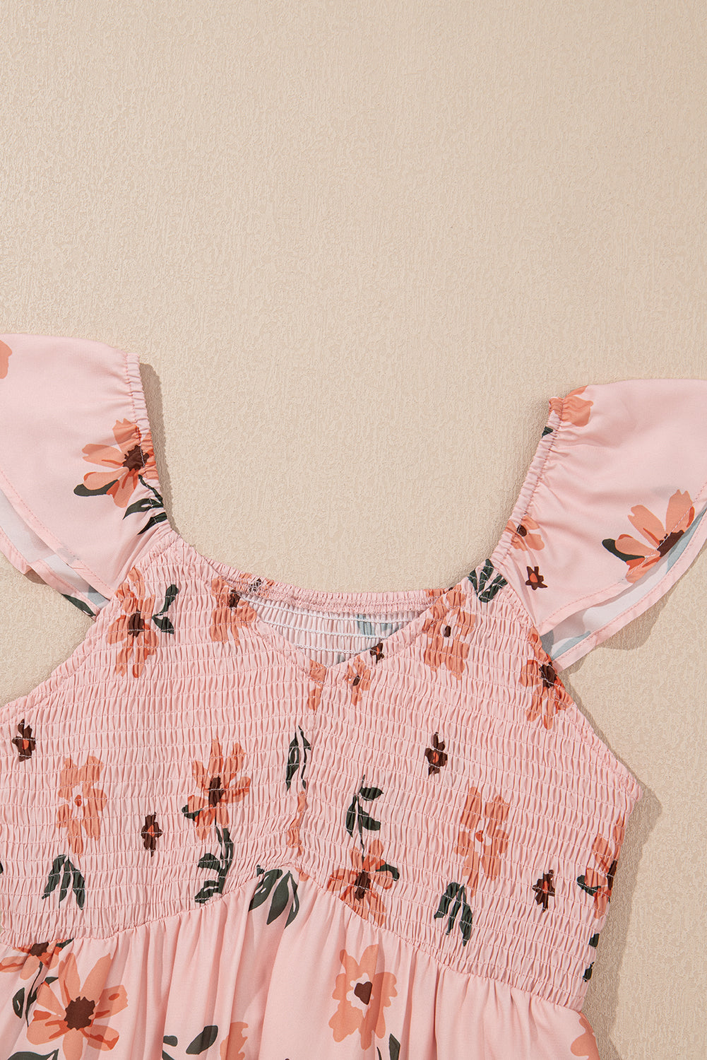 Pink Floral V Neck Smocked High Waist Ruffle Hem Maxi Dress Maxi Dresses 048f7f04f7ec4b50